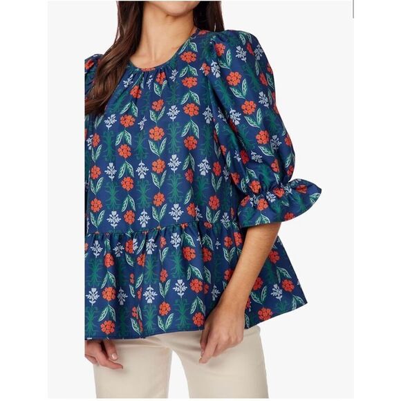 Mudpie Womens M Pierce Flounce Top Blue Statement Elbow Sleeve Floral Peplum New - Picture 3 of 14